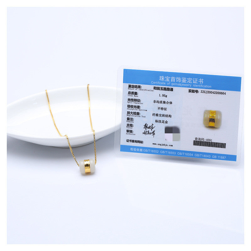 Hetian Jade & Pure Gold Fortune Bead Necklace – “Lulutong” Gold-Inlaid Pendant