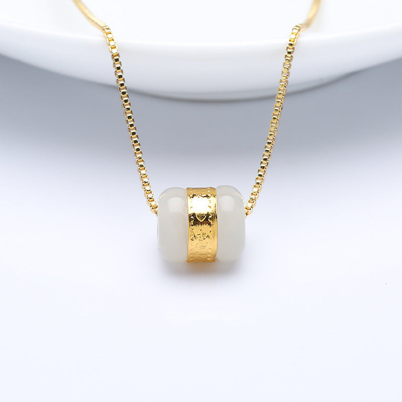 Hetian Jade & Pure Gold Fortune Bead Necklace – “Lulutong” Gold-Inlaid Pendant