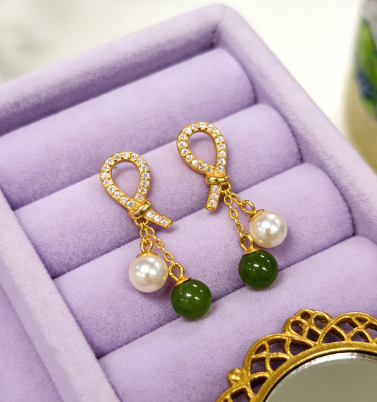 Oriental Pearl Jade Stud Earrings - 2.32g Sterling Silver Setting, Jasper & Pearl, Minimalist Gift