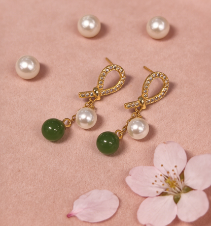 Oriental Pearl Jade Stud Earrings - 2.32g Sterling Silver Setting, Jasper & Pearl, Minimalist Gift