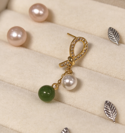 Oriental Pearl Jade Stud Earrings - 2.32g Sterling Silver Setting, Jasper & Pearl, Minimalist Gift