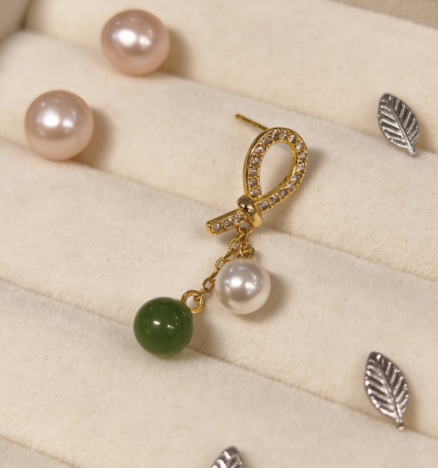 Oriental Pearl Jade Stud Earrings - 2.32g Sterling Silver Setting, Jasper & Pearl, Minimalist Gift