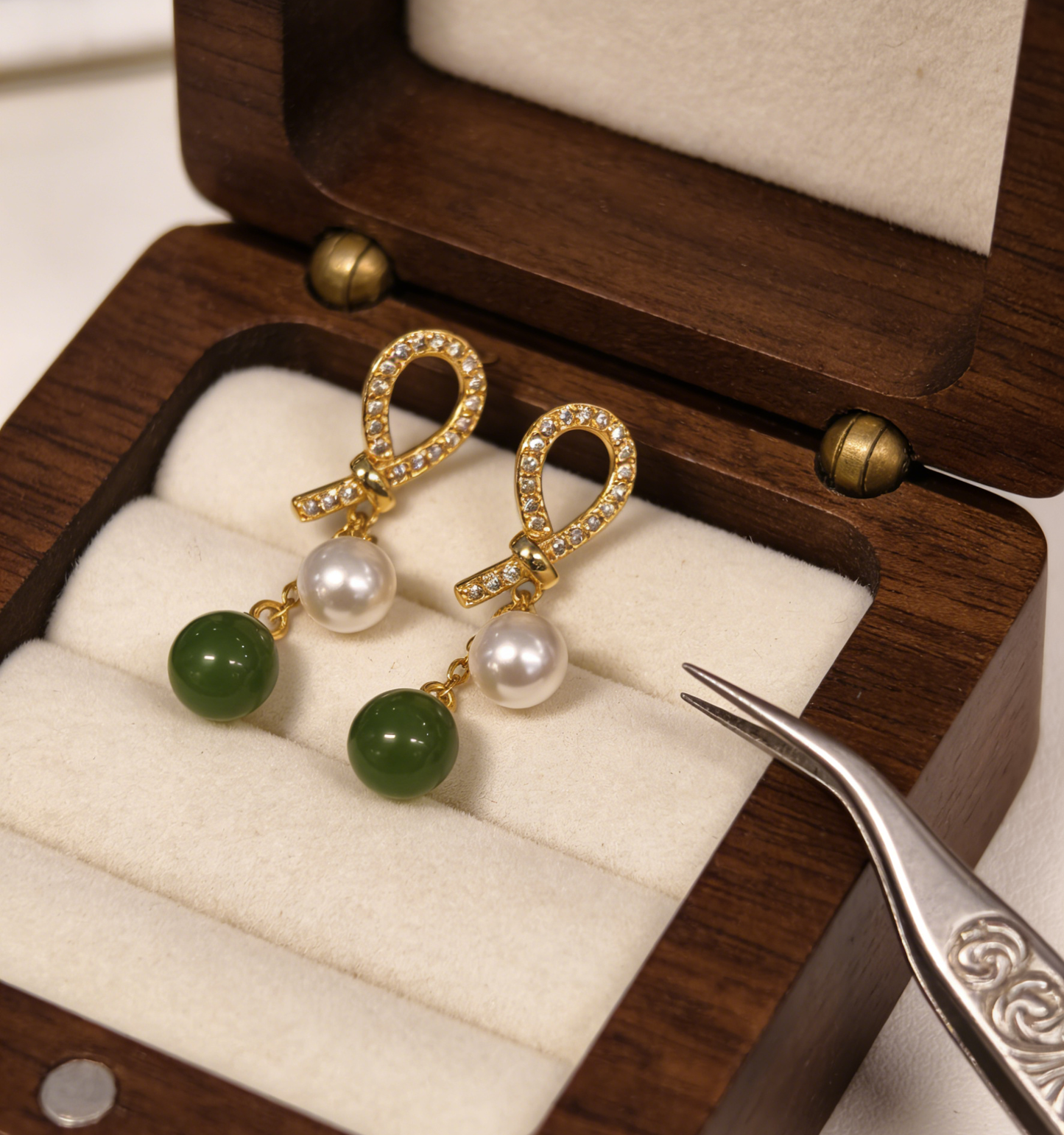 Oriental Pearl Jade Stud Earrings - 2.32g Sterling Silver Setting, Jasper & Pearl, Minimalist Gift