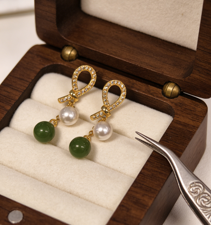 Oriental Pearl Jade Stud Earrings - 2.32g Sterling Silver Setting, Jasper & Pearl, Minimalist Gift