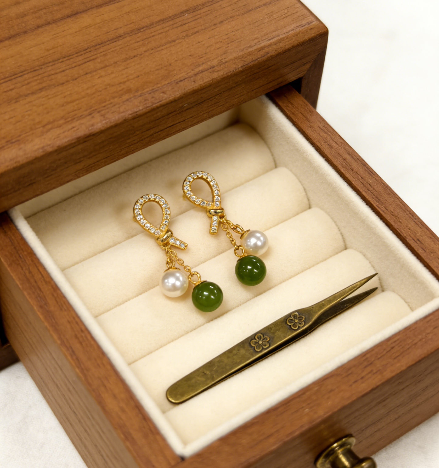 Oriental Pearl Jade Stud Earrings - 2.32g Sterling Silver Setting, Jasper & Pearl, Minimalist Gift