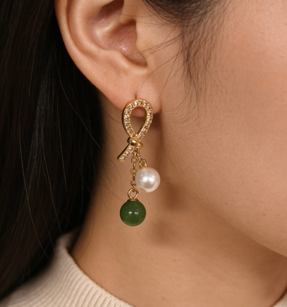 Oriental Pearl Jade Stud Earrings - 2.32g Sterling Silver Setting, Jasper & Pearl, Minimalist Gift