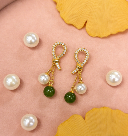 Oriental Pearl Jade Stud Earrings - 2.32g Sterling Silver Setting, Jasper & Pearl, Minimalist Gift