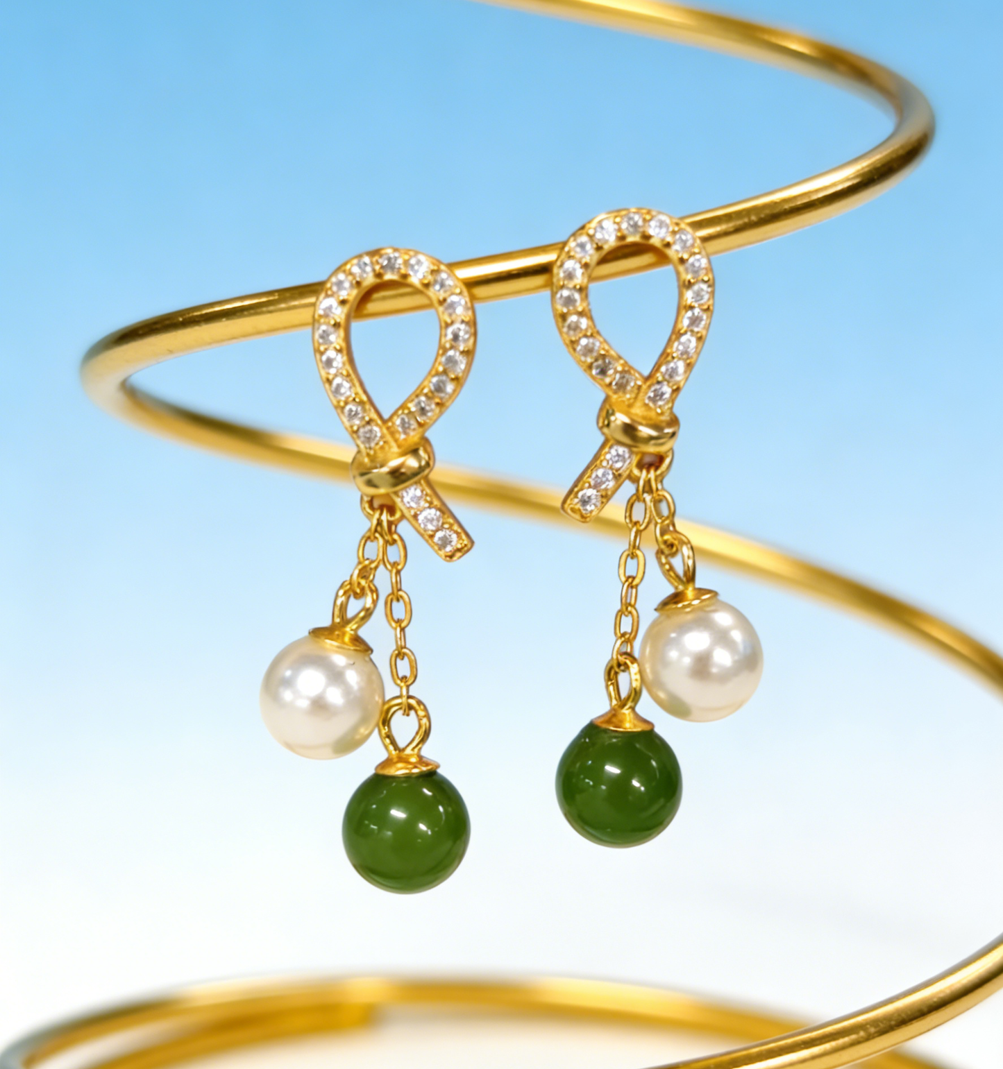 Oriental Pearl Jade Stud Earrings - 2.32g Sterling Silver Setting, Jasper & Pearl, Minimalist Gift