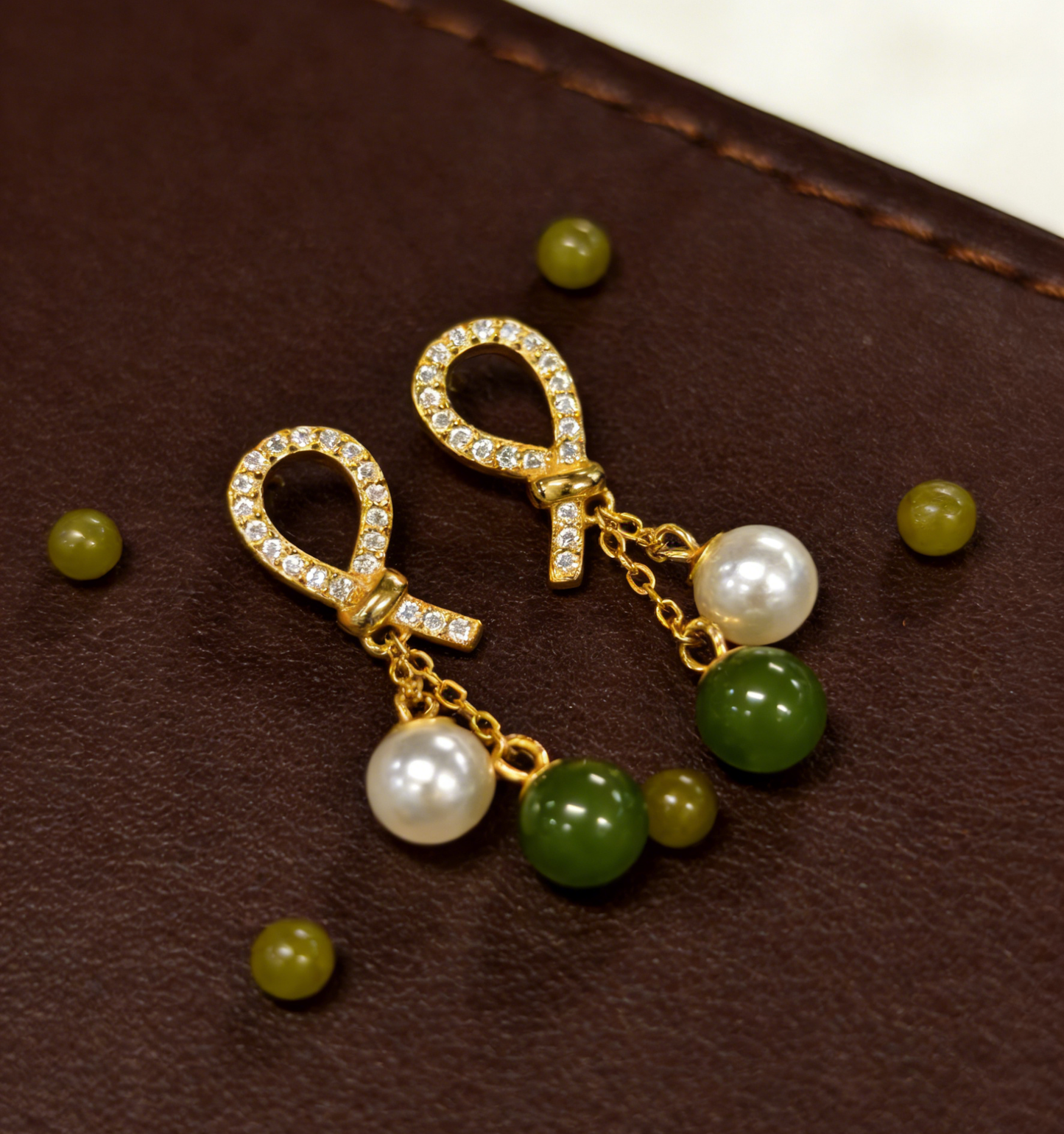 Oriental Pearl Jade Stud Earrings - 2.32g Sterling Silver Setting, Jasper & Pearl, Minimalist Gift