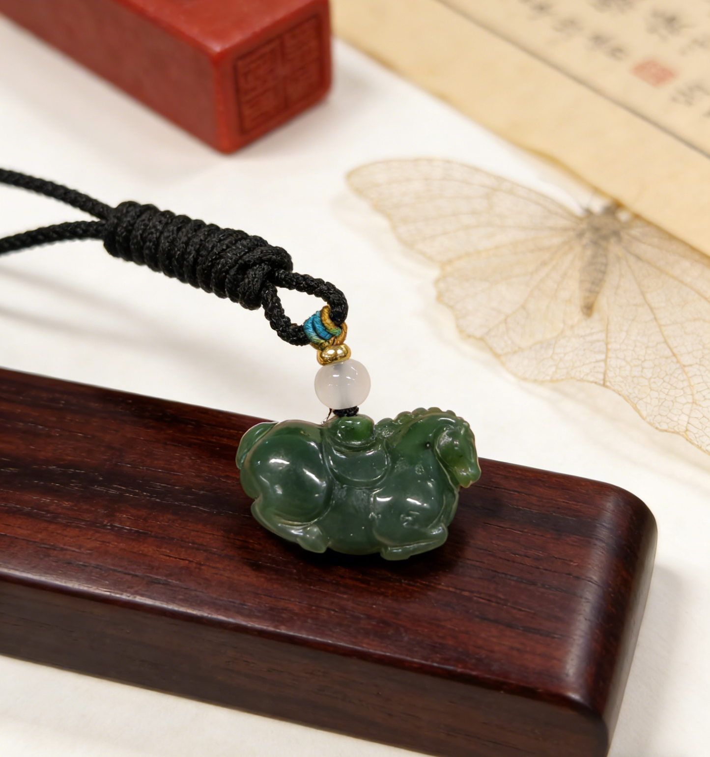 Green Jade Horse with Coin Necklace - 10g Handmade Carving, Chinese Auspicious Amulet