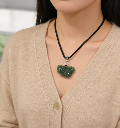 Green Jade Horse with Coin Necklace - 10g Handmade Carving, Chinese Auspicious Amulet