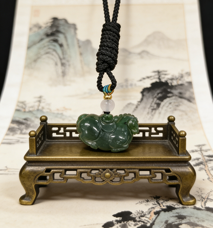 Green Jade Horse with Coin Necklace - 10g Handmade Carving, Chinese Auspicious Amulet