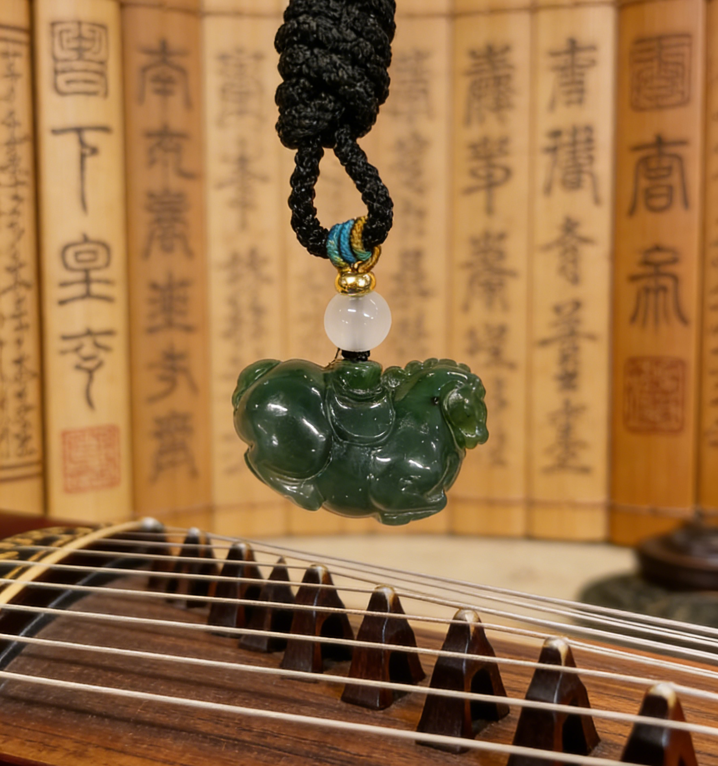 Green Jade Horse with Coin Necklace - 10g Handmade Carving, Chinese Auspicious Amulet
