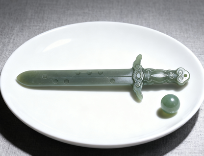 Nephrite Jade Ornament - Seven Star Sword Pendant - 14.5g - Handmade Carved Hetian Jade - Chinese Antique Style Decor