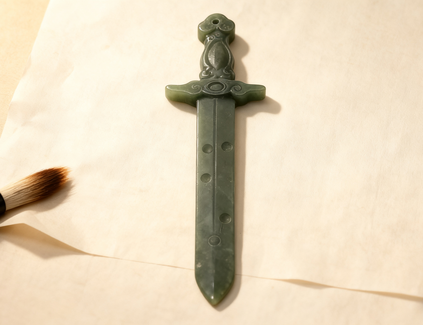 Nephrite Jade Ornament - Seven Star Sword Pendant - 14.5g - Handmade Carved Hetian Jade - Chinese Antique Style Decor