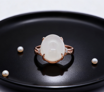 White Nephrite Jade Ring, Round Solitaire Sterling Silver Ring, 4.48g, Handmade Chinese Hetian Jade Jewelry