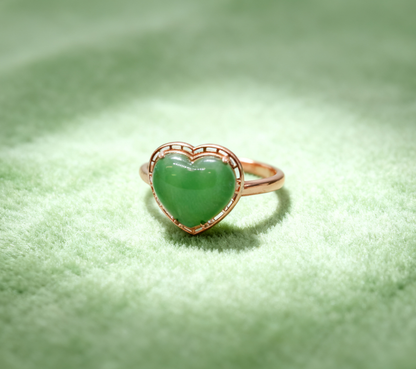 Heart Shaped Jade Ring, Green Nephrite Jade Ring, Romantic Jewelry Gift for Her, 2.49g Adjustable Ring