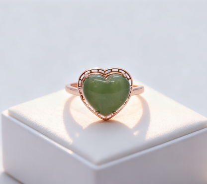 Heart Shaped Jade Ring, Green Nephrite Jade Ring, Romantic Jewelry Gift for Her, 2.49g Adjustable Ring