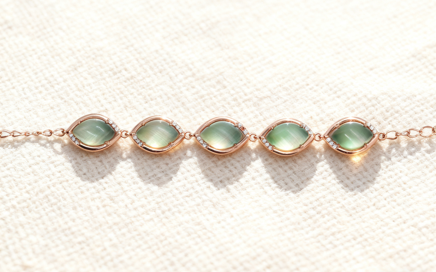 Natural Cat's Eye Jade Gemstone Bracelet, Unique Inlaid Design