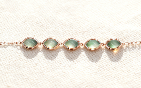 Natural Cat's Eye Jade Gemstone Bracelet, Unique Inlaid Design