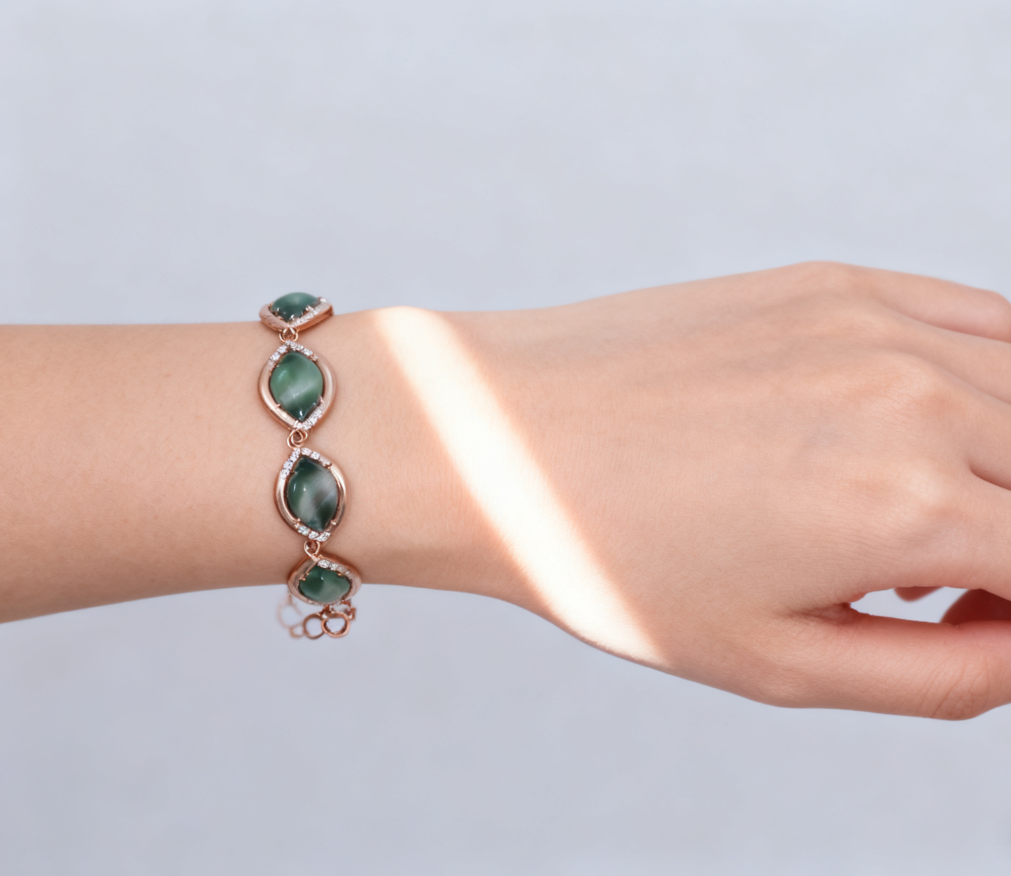 Natural Cat's Eye Jade Gemstone Bracelet, Unique Inlaid Design