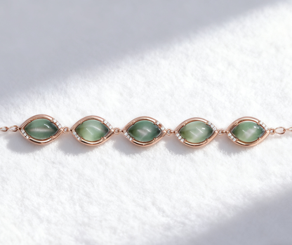 Natural Cat's Eye Jade Gemstone Bracelet, Unique Inlaid Design