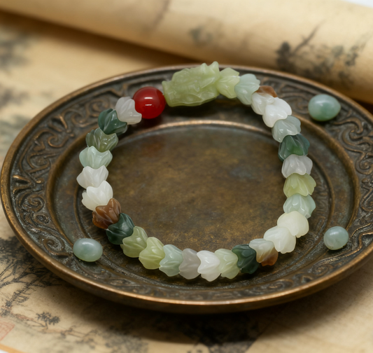 Nephrite Jade Bracelet, Multi-Gemstone Dragon Vertebrae Bracelet, 71g Colorful Jade, Chinese Dragon Bone
