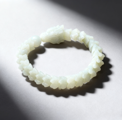 White Nephrite Jade Bracelet, Dragon Vertebrae Bracelet, 57.6g Dragon Bone Jade, Chinese Dragon Style