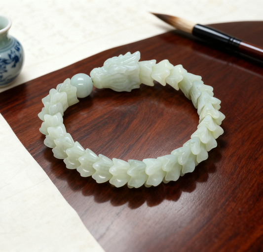 White Nephrite Jade Bracelet, Dragon Vertebrae Bracelet, 57.6g Dragon Bone Jade, Chinese Dragon Style