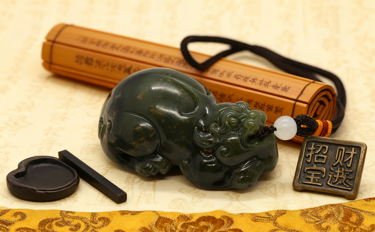 Wealth Statue Pi Xiu, Solid Nephrite Jade 133g, Chinese Mythical Creature, Business Gift