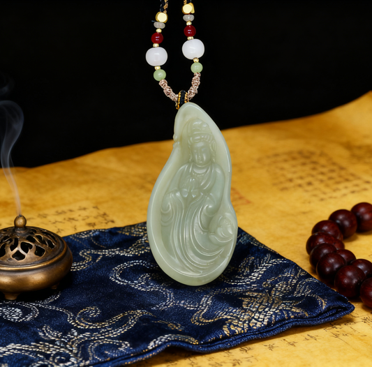 Nephrite Jade Pendant, Guanyin Goddess Pendant, 40.76g Zodiac Seed Jade, Buddhist Memento