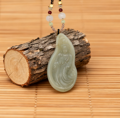 Nephrite Jade Pendant, Guanyin Goddess Pendant, 40.76g Zodiac Seed Jade, Buddhist Memento