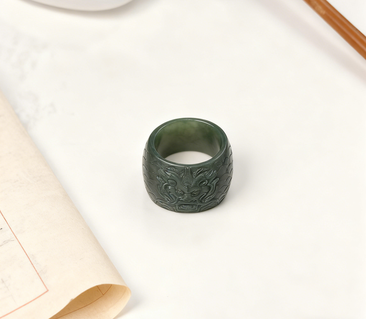 Nephrite Jade Thumb Ring, Dragon Head Thumb Ring, 19.3g Archery Ring, Chinese Archer Ring
