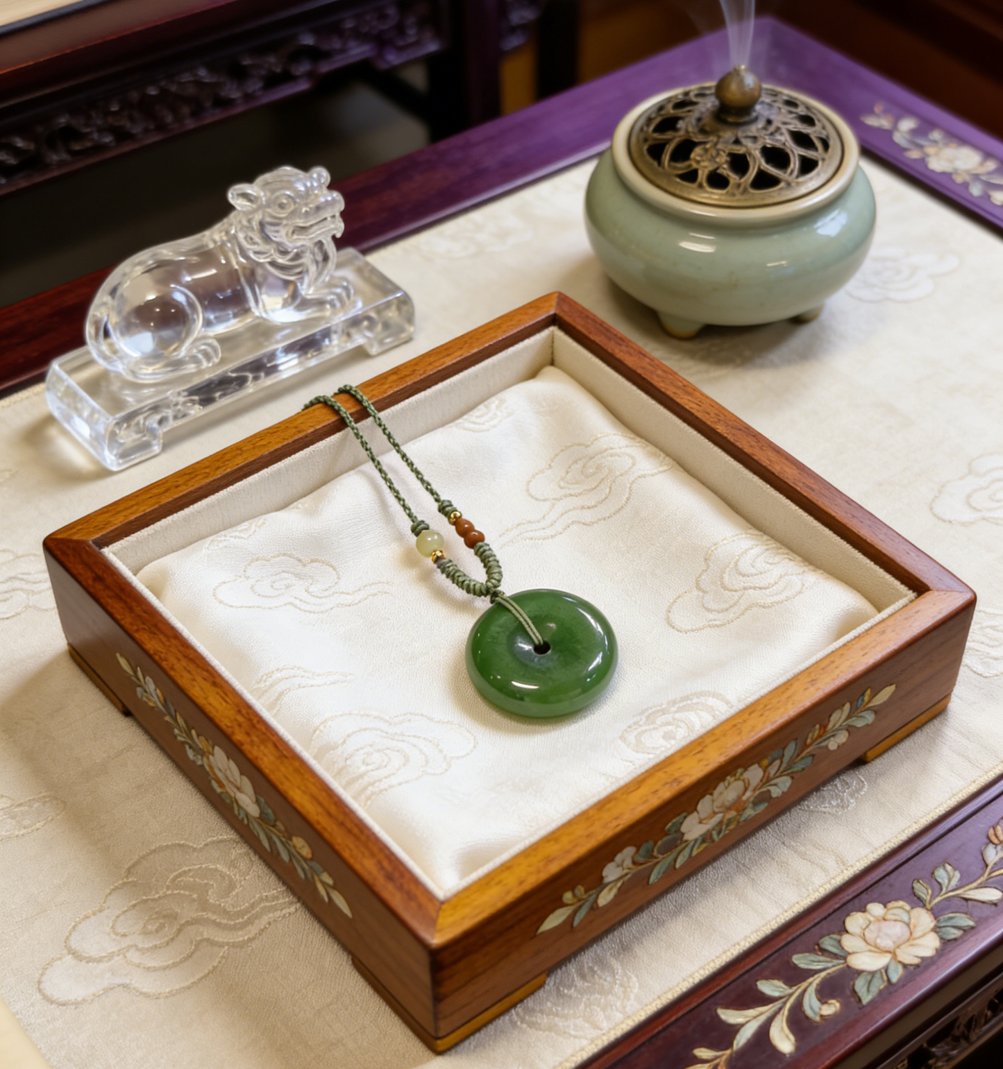 Spinach Jade Pi An Kou Pendant, Nephrite Peace Disc, 8.4g Chinese Safety Amulet, Green Gemstone