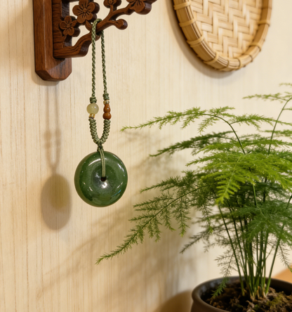 Spinach Jade Pi An Kou Pendant, Nephrite Peace Disc, 8.4g Chinese Safety Amulet, Green Gemstone