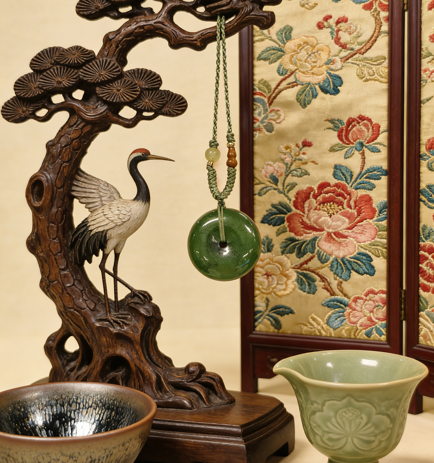 Spinach Jade Pi An Kou Pendant, Nephrite Peace Disc, 8.4g Chinese Safety Amulet, Green Gemstone