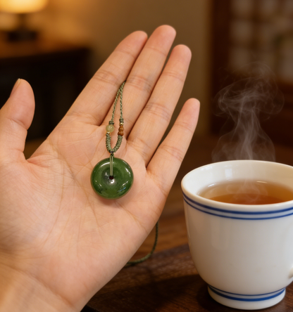 Spinach Jade Pi An Kou Pendant, Nephrite Peace Disc, 8.4g Chinese Safety Amulet, Green Gemstone