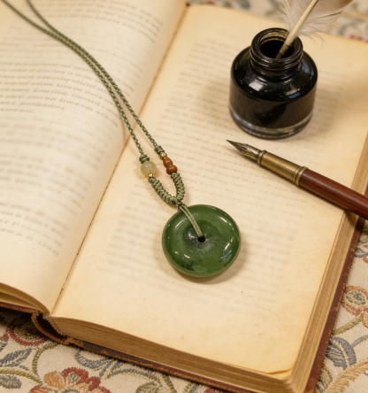 Spinach Jade Pi An Kou Pendant, Nephrite Peace Disc, 8.4g Chinese Safety Amulet, Green Gemstone