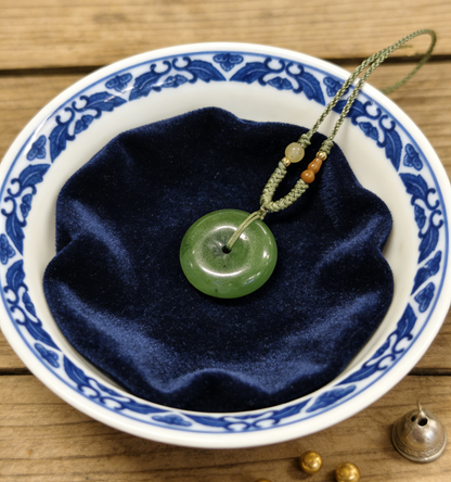 Spinach Jade Pi An Kou Pendant, Nephrite Peace Disc, 8.4g Chinese Safety Amulet, Green Gemstone