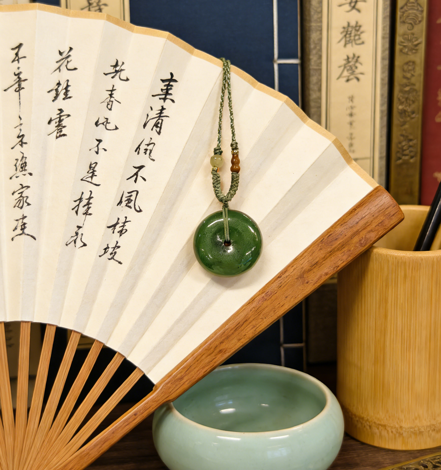 Spinach Jade Pi An Kou Pendant, Nephrite Peace Disc, 8.4g Chinese Safety Amulet, Green Gemstone