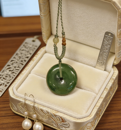Spinach Jade Pi An Kou Pendant, Nephrite Peace Disc, 8.4g Chinese Safety Amulet, Green Gemstone