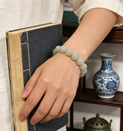 White Jade Bracelet 12mm, Natural Nephrite 43.6g, Classic Unisex Gift, Everyday Zen Jewelry