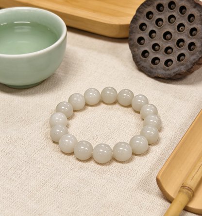 White Jade Bracelet 12mm, Natural Nephrite 43.6g, Classic Unisex Gift, Everyday Zen Jewelry