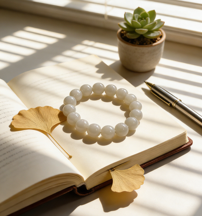 White Jade Bracelet 12mm, Natural Nephrite 43.6g, Classic Unisex Gift, Everyday Zen Jewelry