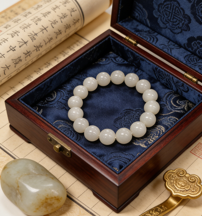 White Jade Bracelet 12mm, Natural Nephrite 43.6g, Classic Unisex Gift, Everyday Zen Jewelry
