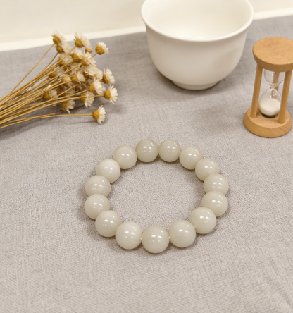 White Jade Bracelet 12mm, Natural Nephrite 43.6g, Classic Unisex Gift, Everyday Zen Jewelry