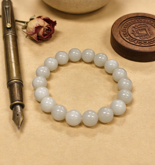 White Jade Bracelet 12mm, Natural Nephrite 43.6g, Classic Unisex Gift, Everyday Zen Jewelry