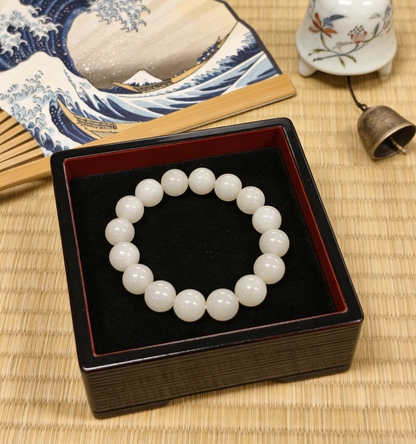 White Jade Bracelet 12mm, Natural Nephrite 43.6g, Classic Unisex Gift, Everyday Zen Jewelry