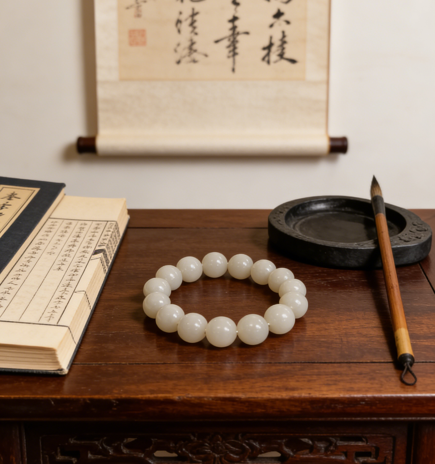 White Jade Bracelet 12mm, Natural Nephrite 43.6g, Classic Unisex Gift, Everyday Zen Jewelry