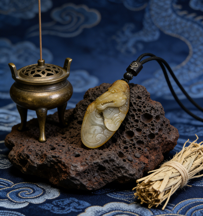 Hetian Nephrite Alligator/Crocodile Carving, 28.6g, Natural River Pebble "Seed Material" Jade Pendant